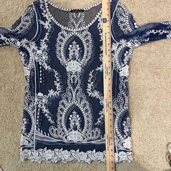 You Are Not Alone lace sheer‎ mesh embroidered boho long sleeved blue top size L - Picture 7 of 8